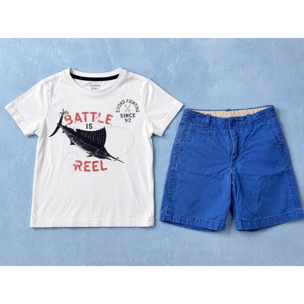 Crown & Ivy Boys 2 Piece Set Size 8 White Blue Marlin Graphic Tee Chino Shorts